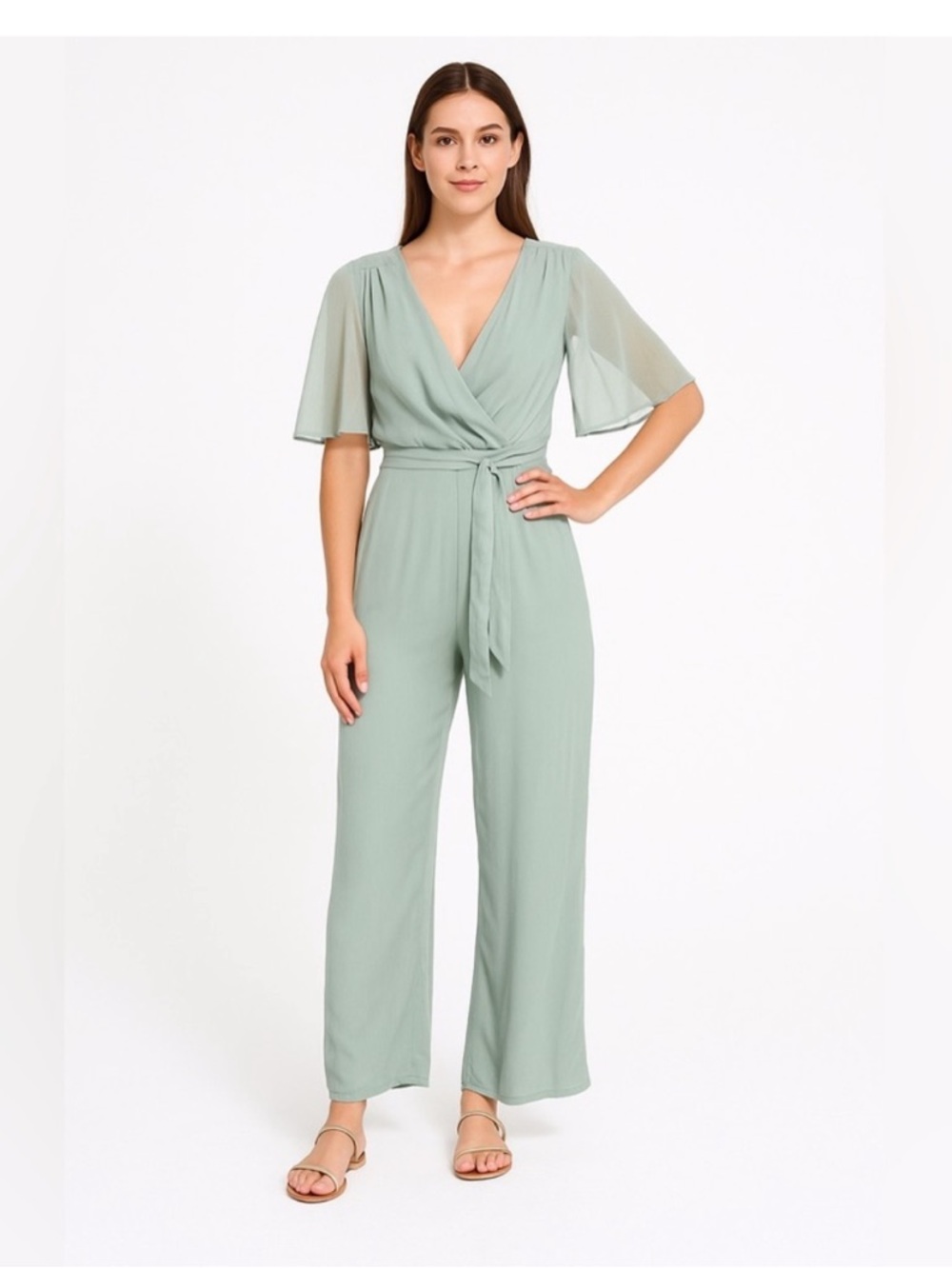Zara Light Sage Green Wrap Jumpsuit with Tie Belt